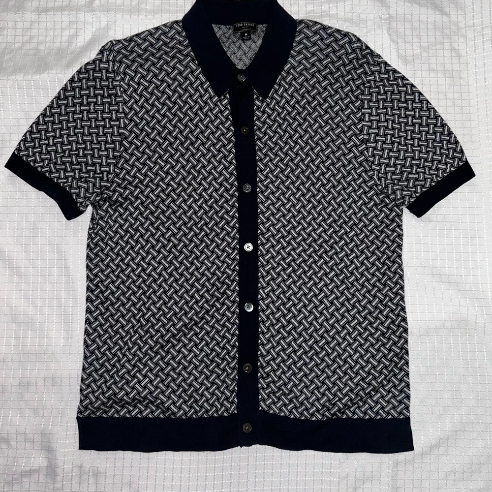 Men's Navy and White Patterned Full Placket polo